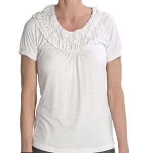 Renuar Stretch Jersey White Ruffle Blouse Top NEW